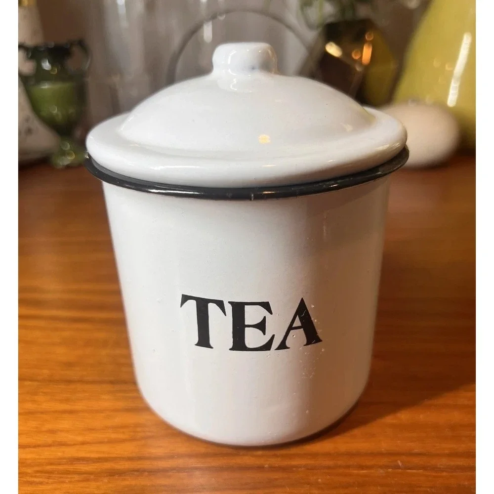 Vintage Enamelware Tea Canister White w/Black Trim Cottagecore Farmhouse